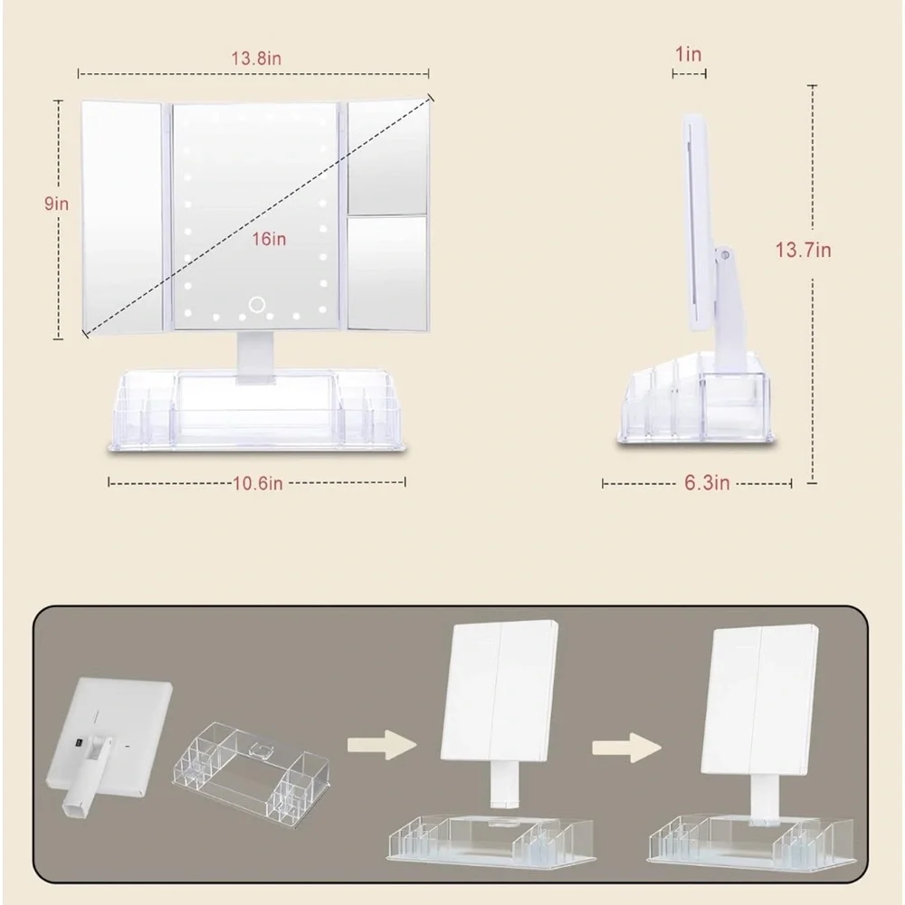 Tri-Fold 3x/2x Mag Cosmetic Vanity Mirror🪞w 24 Led Light💡Touch Screen&Storage
